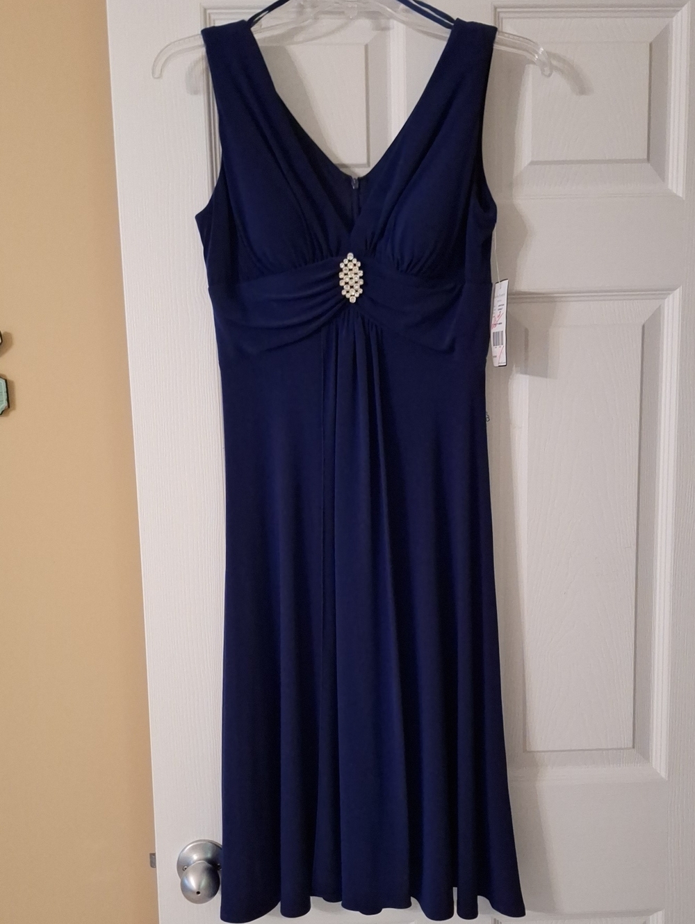 Jessica Howard Cobalt Blue Sleeveless V-Neck Midi Dress with Rhinestone Accent
